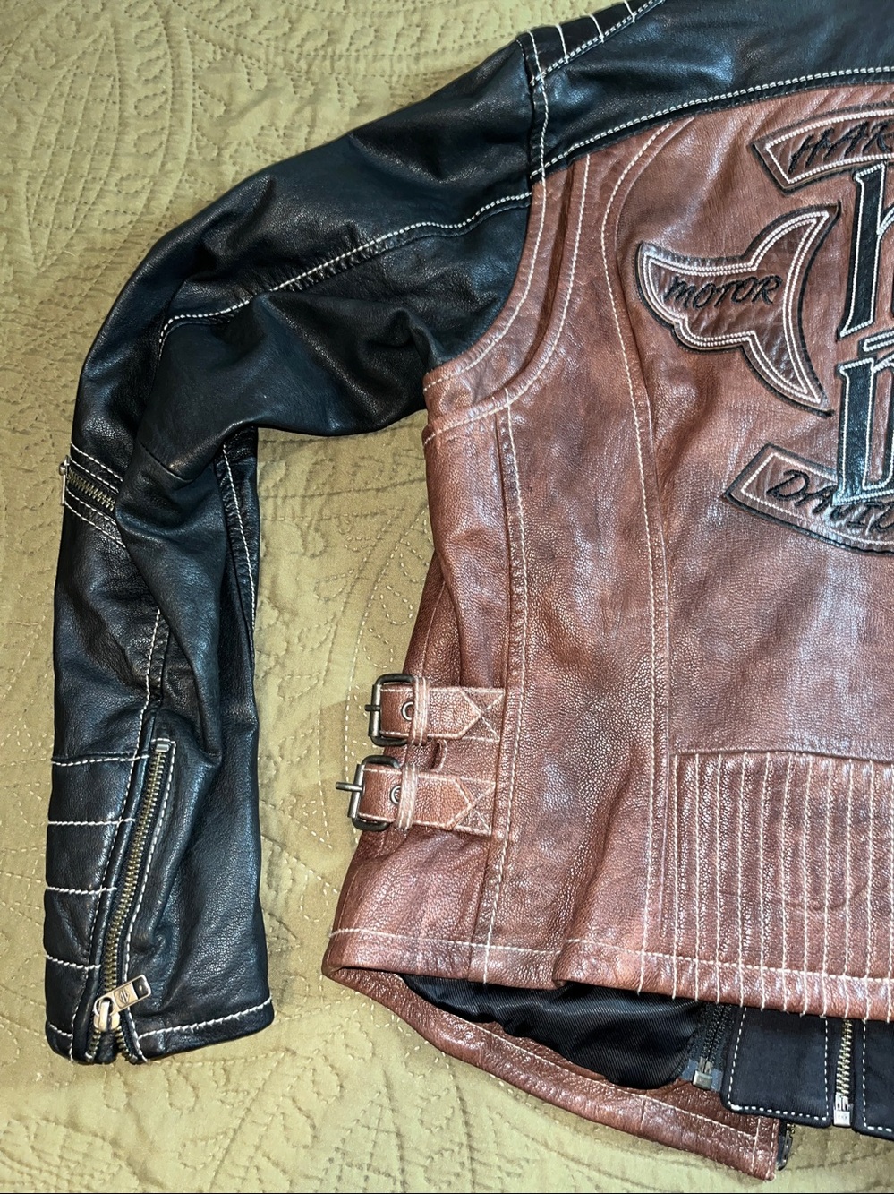 HARLEY DAVIDSON Ladies 3in1 Brown/Black Leather Moto Jacket Embroidered PERFECT - Picture 3 of 10